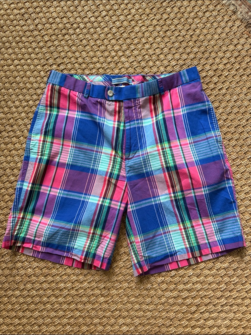 Peter Millar Madras Plaid Flat Front Shorts - Blue, Pink, Purple, Green